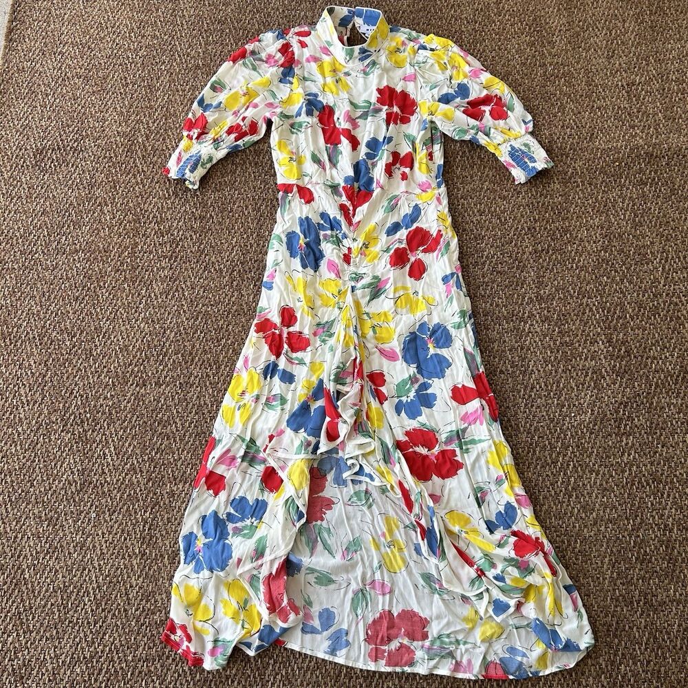 RIXO White Floral Midi Dress with Red, Blue & Yellow Blooms